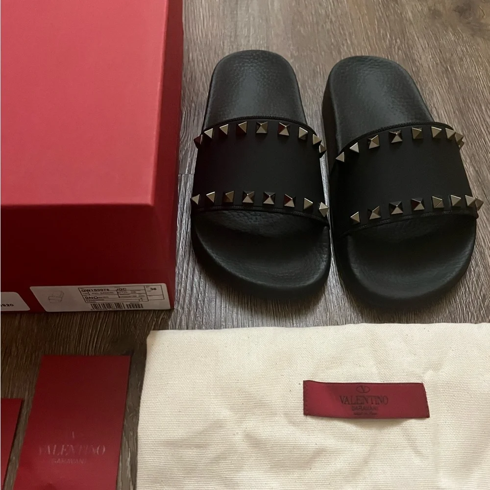 Valentino size 36 black Rockstud PVC slide sandals - Picture 1 of 6